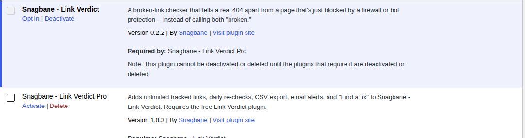 Snagbane - Link Verdict listed as active in the WordPress Plugins screen