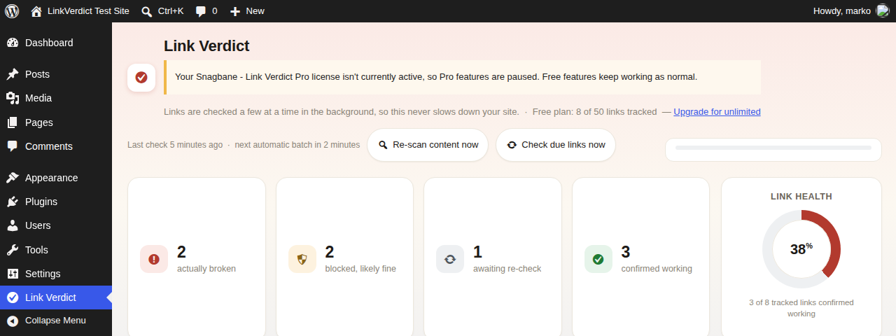 Link Verdict showing a notice that the Pro license isn't active yet, until you activate it