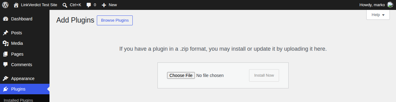 The WordPress 'Upload Plugin' screen with a Choose File button and Install Now button