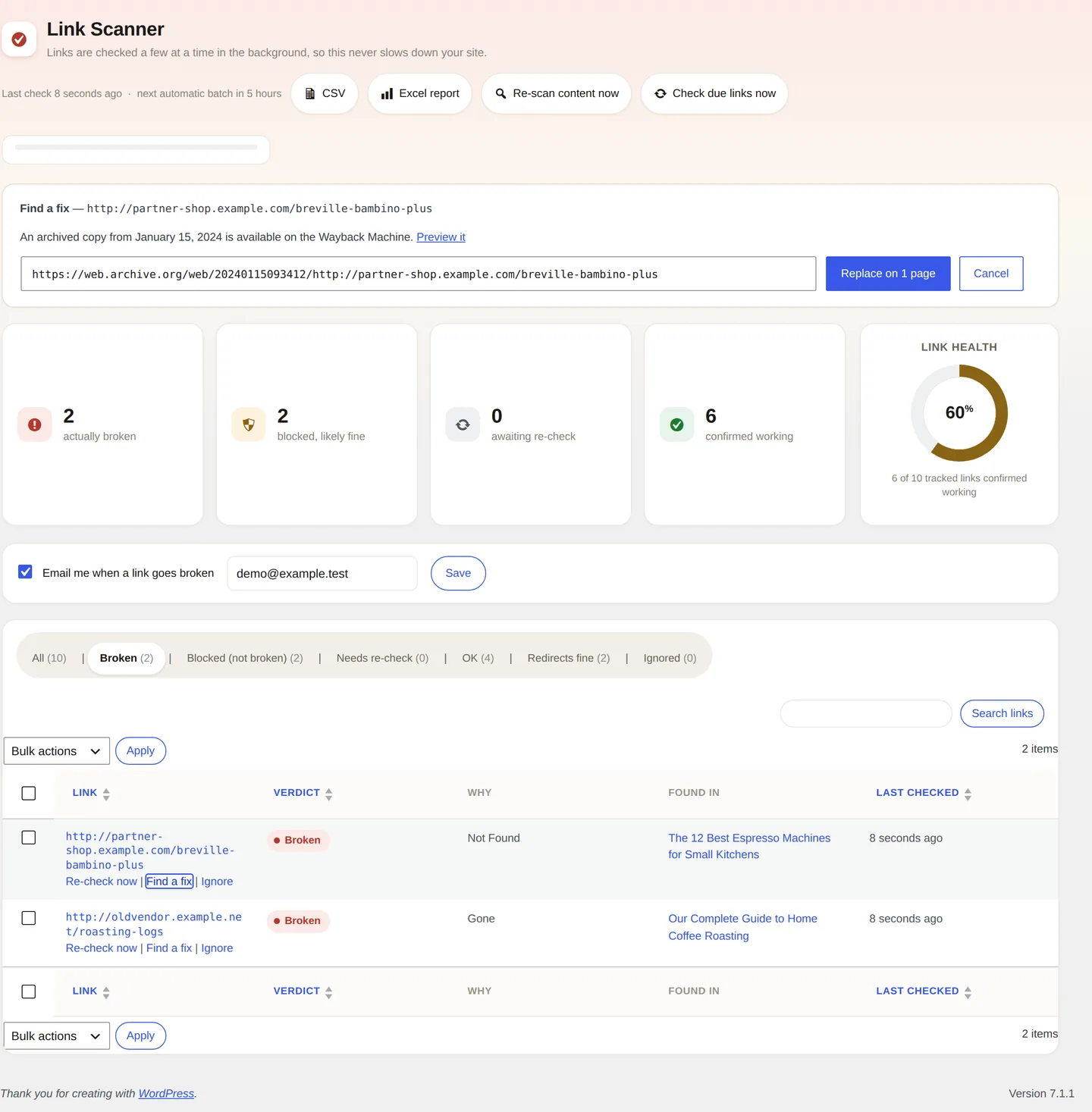 Het paneel „Oplossing zoeken” van Pro, geopend op een kapotte link, met een op de Wayback Machine gevonden gearchiveerde kopie, de datum waarop die is vastgelegd en een knop om hem overal te vervangen