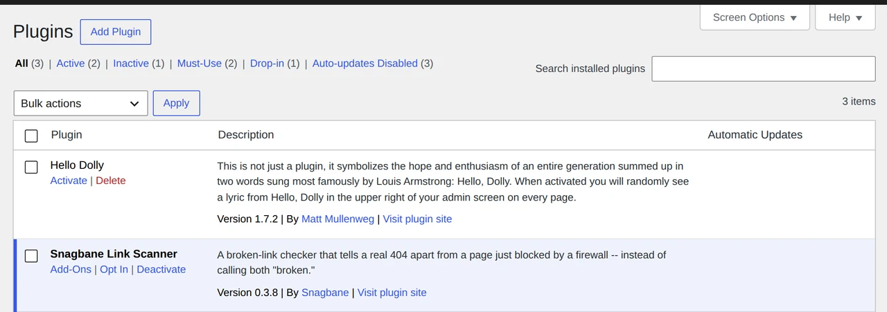 Snagbane - Link Scanner staat als actief in het WordPress-pluginscherm