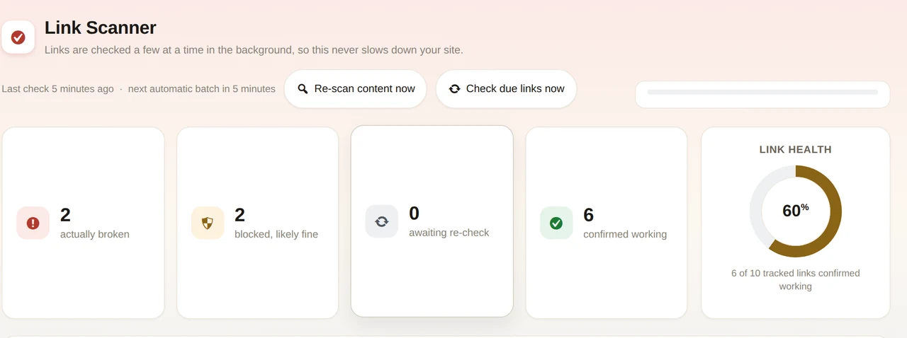 Het Link Scanner-dashboard met kapotte, geblokkeerde en werkende links in één oogopslag