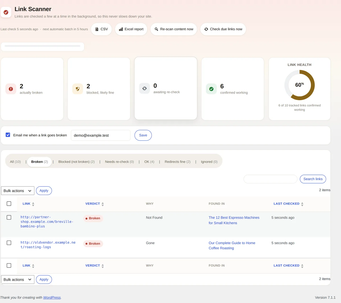 Het Link Scanner-dashboard: linkgezondheidsscore, tellers voor kapotte, geblokkeerde en werkende links, en de volledige lijst met gevolgde links en hun oordelen